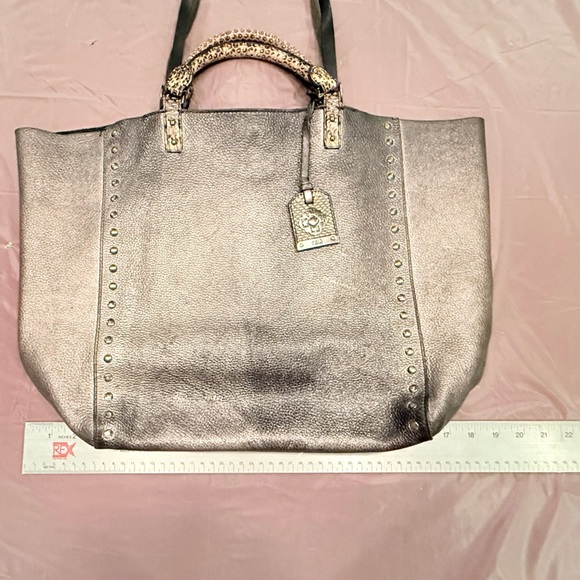 Rafe Silver/Black Metallic Leather Large Tote Bag w/ Snakeskin & Studs $498 - Picture 13 of 15